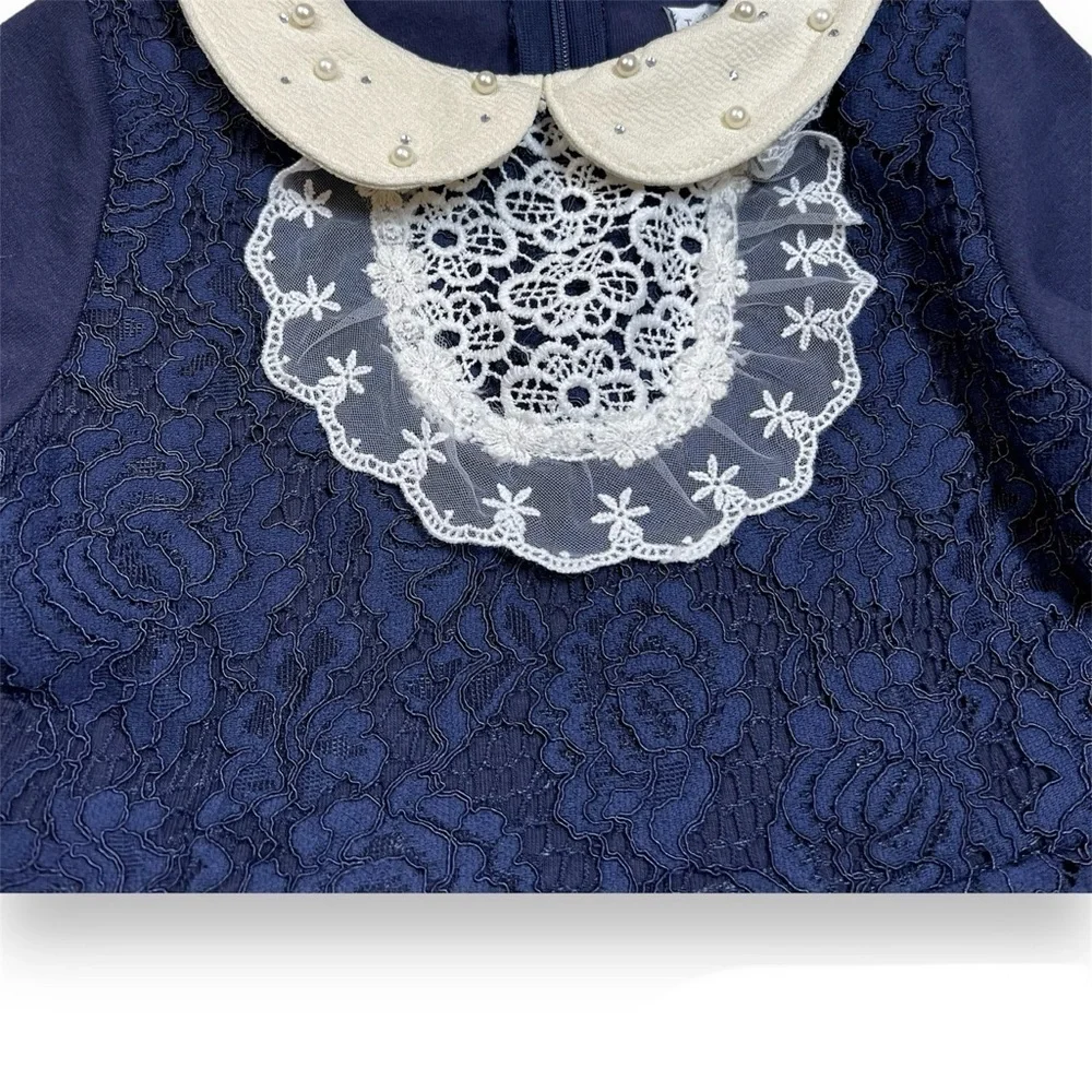 Trish Scully Girls 4/4T Lace Peter Pan Collar Dress Navy‎ Blue Boutique Pearl